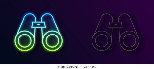 Glowing neon line Binoculars icon isolated on black background. Find software sign. Spy equipment symbol.  Vector