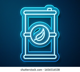 Glowing neon line Bio fuel barrel icon isolated on blue background. Eco bio and canister. Vector Illustration