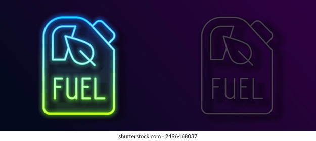 Glowing neon line Bio fuel canister icon isolated on black background. Eco bio and barrel. Green environment and recycle.  Vector