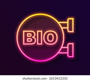 Glowing neon line Bio green healthy food icon isolated on black background. Organic product. Healthy food sticker.  Vector