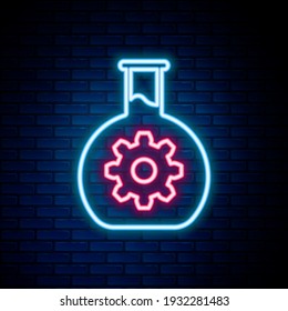 Glowing neon line Bioengineering icon isolated on brick wall background. Element of genetics and bioengineering icon. Biology, molecule, chemical icon. Colorful outline concept. Vector