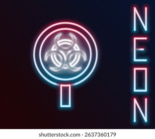 Glowing neon line Biohazard and magnifying glass icon isolated on black background. Colorful outline concept. Vector