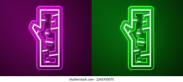 Glowing neon line Birch tree icon isolated on purple and green background.  Vector