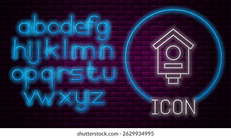 Glowing neon line Bird house icon isolated on brick wall background. Nesting box birdhouse, homemade building for birds. Neon light alphabet. Vector