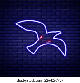 Glowing neon line Bird seagull icon isolated on brick wall background. Colorful outline concept. Vector