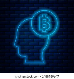 Glowing neon line Bitcoin think icon isolated on brick wall background. Cryptocurrency head. Blockchain technology, digital money market, cryptocoin wallet.  Vector Illustration