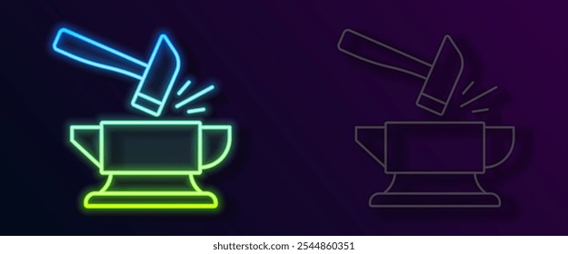 Glowing neon line Blacksmith anvil tool and hammer icon isolated on black background. Metal forging. Forge tool.  Vector