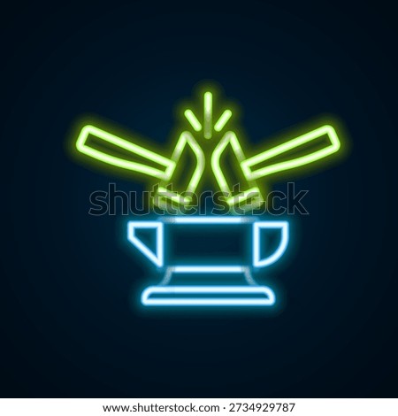 Glowing neon line Blacksmith anvil tool and hammer icon isolated on black background. Metal forging. Forge tool. Colorful outline concept. Vector