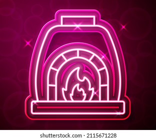 Glowing neon line Blacksmith oven icon isolated on red background.  Vector