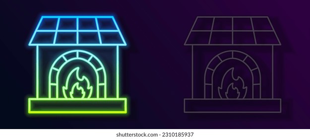 Glowing neon line Blacksmith oven icon isolated on black background.  Vector