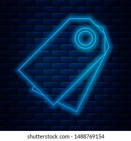 Glowing neon line Blank label template price tag icon isolated on brick wall background. Empty shopping discount sticker. Template discount banner.  Vector Illustration