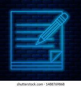 Glowing neon line Blank notebook and pencil with eraser icon isolated on brick wall background. Paper and pencil.  Vector Illustration