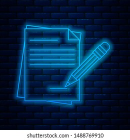 Glowing neon line Blank notebook and pencil with eraser icon isolated on brick wall background. Paper and pencil.  Vector Illustration