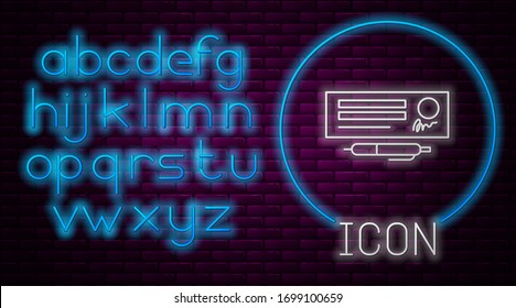 Glowing neon line Blank template of the bank check and pen icon isolated on brick wall background. Checkbook cheque page with empty fields to fill. Neon light alphabet. Vector Illustration