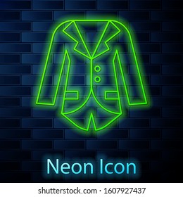 Glowing neon line Blazer or jacket icon isolated on brick wall background.  Vector Illustration