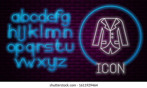 Glowing neon line Blazer or jacket icon isolated on brick wall background. Neon light alphabet. Vector Illustration