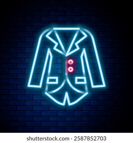 Glowing neon line Blazer or jacket icon isolated on brick wall background. Colorful outline concept. Vector