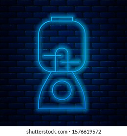 Glowing neon line Blender icon isolated on brick wall background. Kitchen electric stationary blender with bowl. Cooking smoothies, cocktail or juice.  Vector Illustration