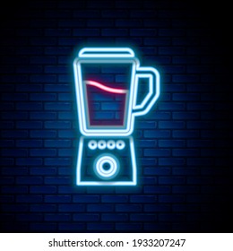 Glowing neon line Blender icon isolated on brick wall background. Kitchen electric stationary blender with bowl. Cooking smoothies, cocktail or juice. Colorful outline concept. Vector