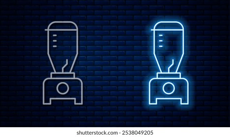 Icono de la licuadora de línea de neón brillante aislado en el fondo de la pared de ladrillo. Cocina batidora eléctrica estacionaria con cuenco. Cocinar batidos, cóctel o jugo.  Vector