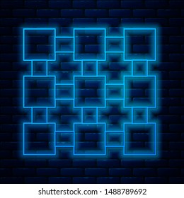 Glowing neon line Blockchain technology icon isolated on brick wall background. Cryptocurrency data. Abstract geometric block chain network technology business.  Vector Illustration