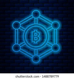 Glowing neon line Blockchain technology Bitcoin icon isolated on brick wall background. Abstract geometric block chain network technology business.  Vector Illustration