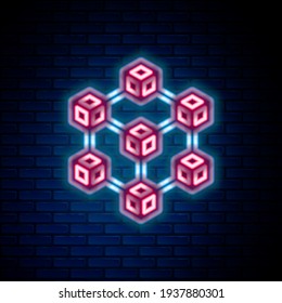 Glowing neon line Blockchain technology icon isolated on brick wall background. Cryptocurrency data. Abstract geometric block chain network technology business. Colorful outline concept. Vector