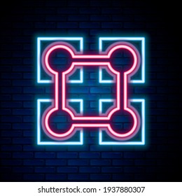 Glowing neon line Blockchain technology icon isolated on brick wall background. Cryptocurrency data. Abstract geometric block chain network technology business. Colorful outline concept. Vector