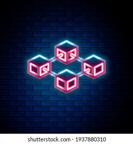 Glowing neon line Blockchain technology icon isolated on brick wall background. Cryptocurrency data. Abstract geometric block chain network technology business. Colorful outline concept. Vector