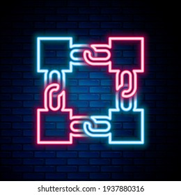 Glowing neon line Blockchain technology icon isolated on brick wall background. Cryptocurrency data. Abstract geometric block chain network technology business. Colorful outline concept. Vector