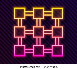 Glowing neon line Blockchain technology icon isolated on black background. Cryptocurrency data. Abstract geometric block chain network technology business.  Vector