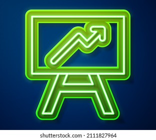 Glowing neon line Board with graph chart icon isolated on blue background. Report text file icon. Accounting sign. Audit, analysis, planning.  Vector