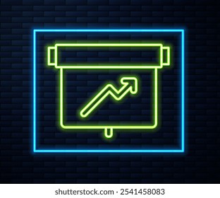 Tablero de línea de neón brillante con el icono de gráfico aislado en el fondo de la pared de ladrillo. Icono de archivo de texto de informe. Signo contable. Auditoría, análisis, planificación.  Vector