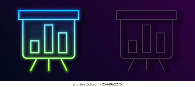 Tablero de línea de neón brillante con gráfico gráfico aislado sobre fondo negro. Icono de archivo de texto de informe. Signo contable. Auditoría, análisis, planificación.  Vector