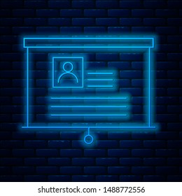 Glowing neon line Board with resume icon isolated on brick wall background. CV application. Searching professional staff. Analyzing personnel resume.   Vector Illustration