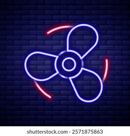 Glowing neon line Boat propeller, turbine icon isolated on brick wall background. Colorful outline concept. Vector