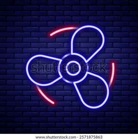 Glowing neon line Boat propeller, turbine icon isolated on brick wall background. Colorful outline concept. Vector