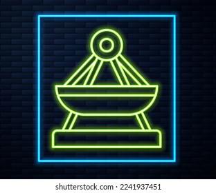 Glowing neon line Boat swing icon isolated on brick wall background. Childrens entertainment playground. Attraction riding ship, swinging boat. Amusement park.  Vector