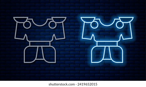 Glowing neon line Body armor icon isolated on brick wall background.  Vector