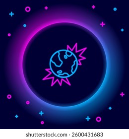 Glowing neon line Bomb explosive planet earth war danger icon isolated on black background. Colorful outline concept. Vector