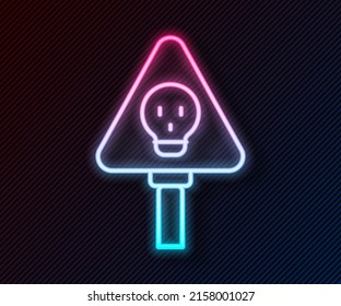 Glowing neon line Bones and skull as a sign of toxicity warning icon isolated on black background.  Vector