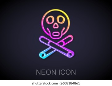 Glowing neon line Bones and skull as a sign of toxicity warning icon isolated on black background.  Vector