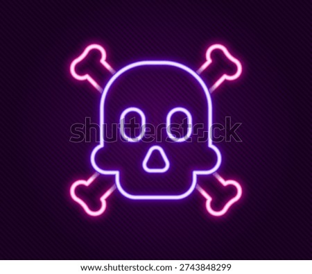Glowing neon line Bones and skull as a sign of toxicity warning icon isolated on black background. Colorful outline concept. Vector