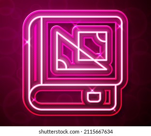 Glowing neon line Book about geometry icon isolated on red background.  Vector