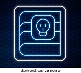 Glowing neon line Book about poisons with skull icon isolated on brick wall background. Danger sign, symbol of death.  Vector