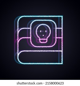 Glowing neon line Book about poisons with skull icon isolated on black background. Danger sign, symbol of death.  Vector