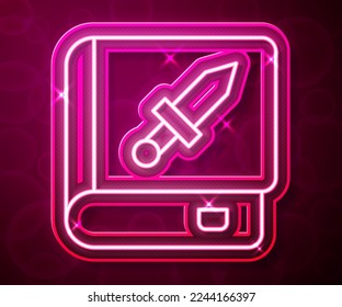 Línea de neón brillante Libro sobre icono de arma aislado en el fondo rojo. Un pequeño arma de fuego. Catálogo de armas.  Vector
