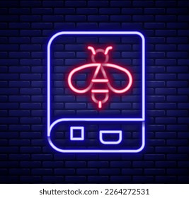 Glowing neon line Book about bee icon isolated on brick wall background. Sweet natural food. Honeybee or apis with wings symbol. Flying insect. Colorful outline concept. Vector