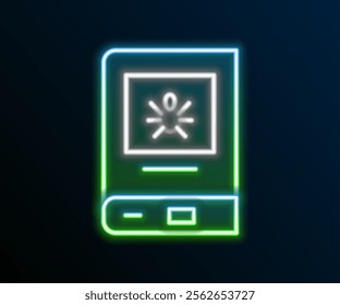 Glowing neon line Book about insect icon isolated on black background. Colorful outline concept. Vector