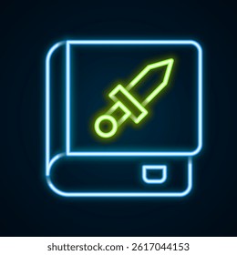 Glowing neon line Book about weapon icon isolated on black background. Small firearm. Weapon catalog. Colorful outline concept. Vector